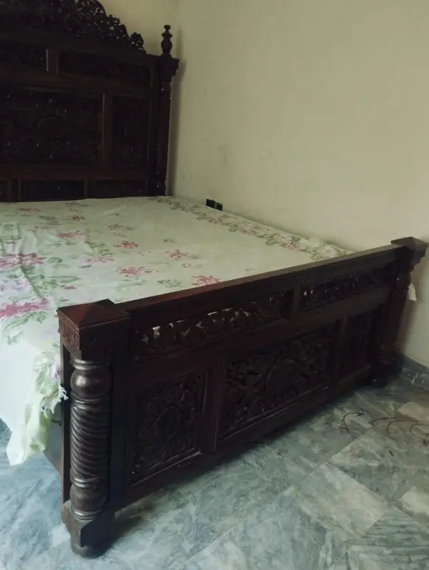 King Size Bed Wooden, mattress and 2 side tables photo 2